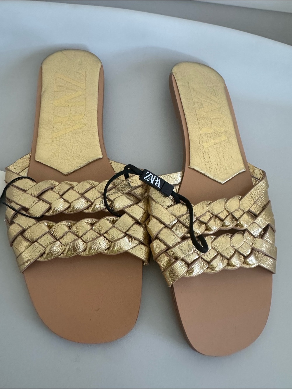 Zara Metallic Gold Braided Slide Sandals